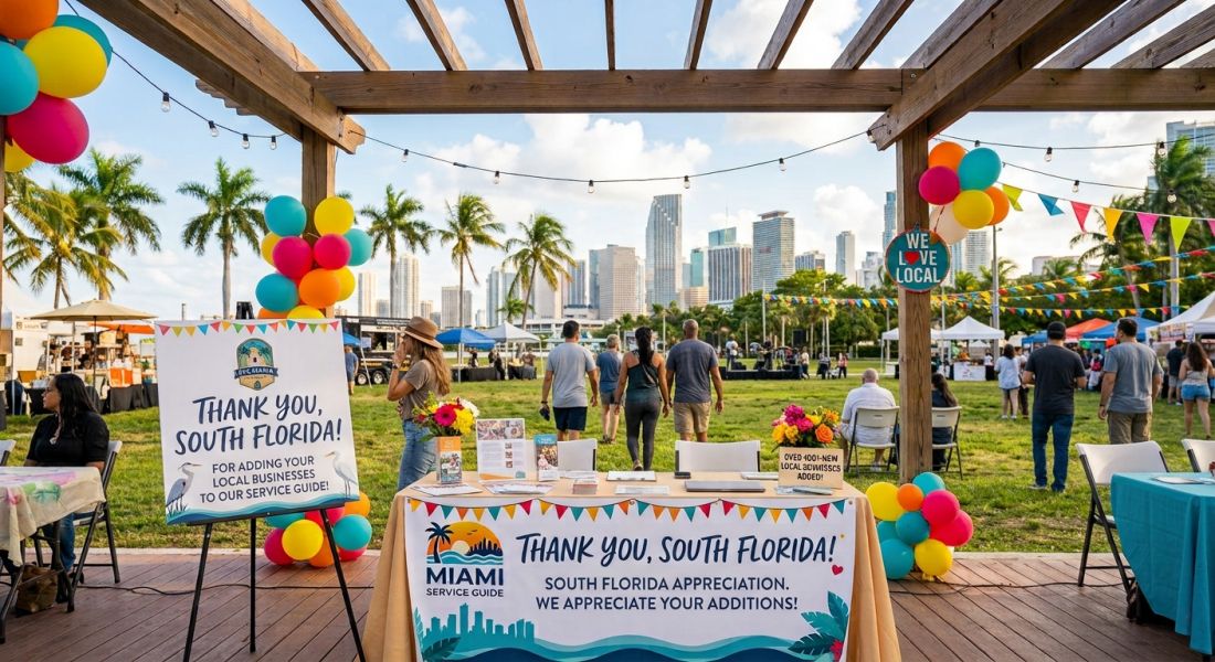 An outdoor community appreciation setup under a wooden pergola in South Florida, featuring colorful balloons and banners that read 'Thank You, South Florida!' on a sign and table skirt.