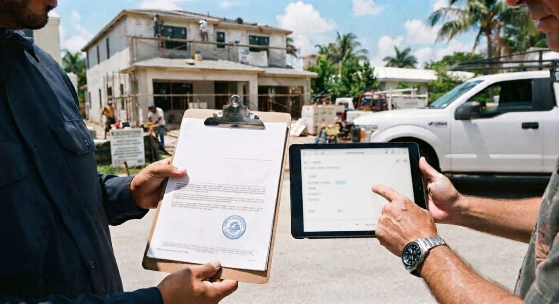 Inspector reviewing contractor license details on a tablet and clipboard at a residential construction site.