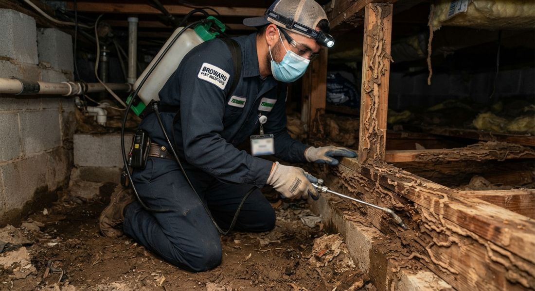 A pest control technician wearing a mask, headlamp, and protective gear applies a treatment wand to termite mud tubes on wooden joists in a crawlspace.