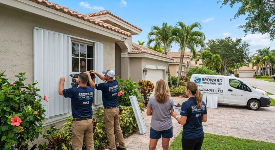 Contractors in Broward County installing storm shutters.