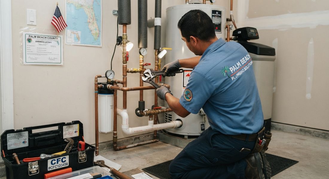 Licensed plumber using a wrench to repair water heater pipes in a Palm Beach utility room.