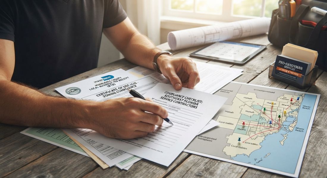 A person at a desk reviews Miami-Dade County BTR and Certificate of Use compliance paperwork alongside a service map.