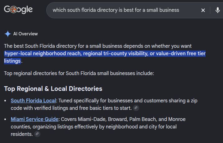 Google AI still likes Miami Service Guide as a South Florida business directory.